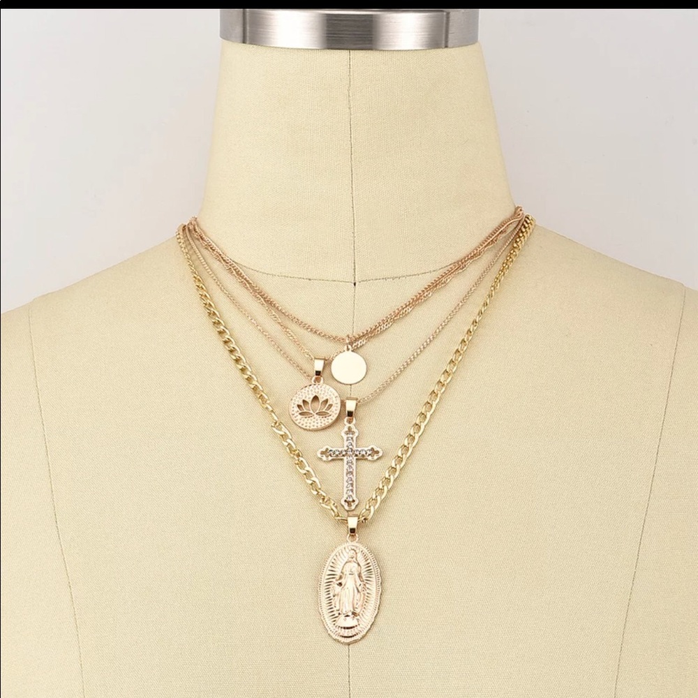 Virgin Mary, Lotus + pendant Multilayer necklace